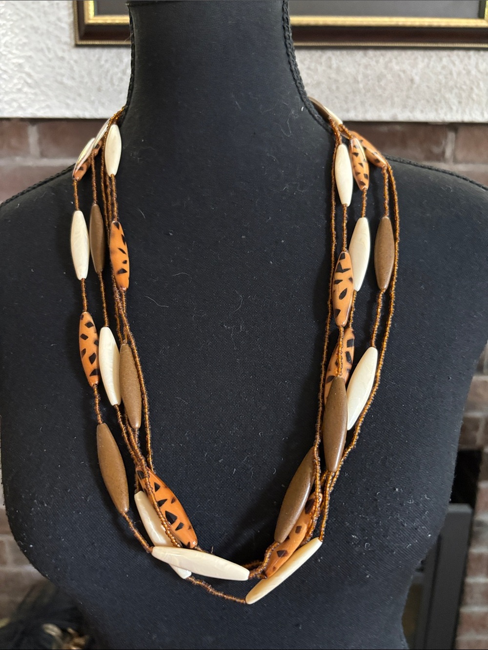 Multi-Strand Brown & Cream Bead Necklace with Patterned Accents